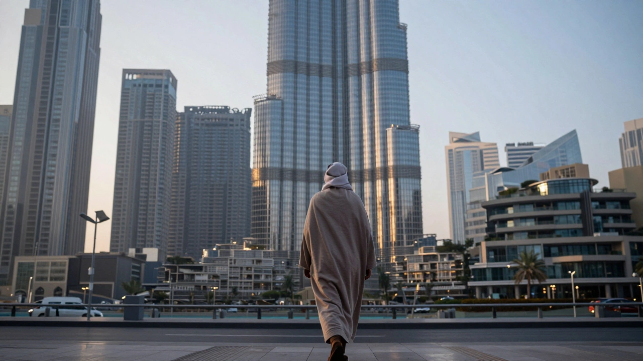 A person walking away from a luxury building at dawn, calm and grounded in the quiet city.