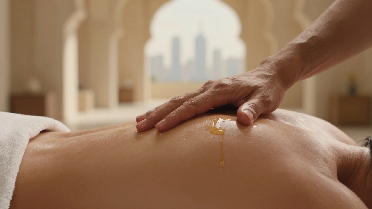 Hands gently pressing oil into a shoulder during a serene, intentional massage.